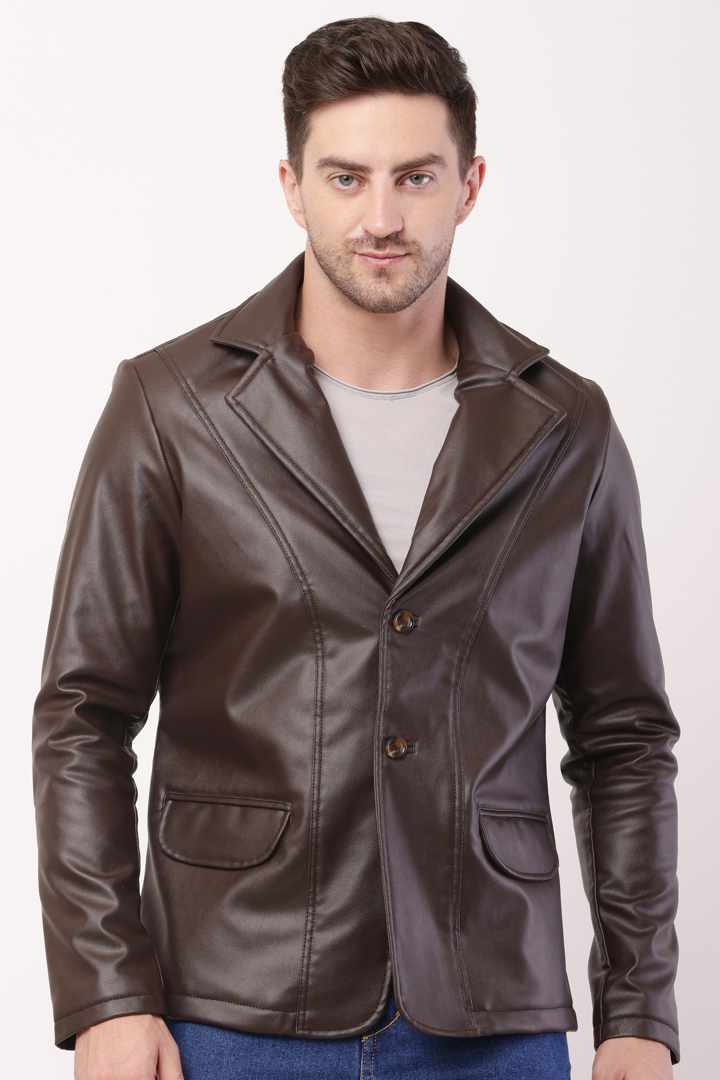 Solid PU Leather Festive, Wedding, Party, Casual Men's Brown Blazer