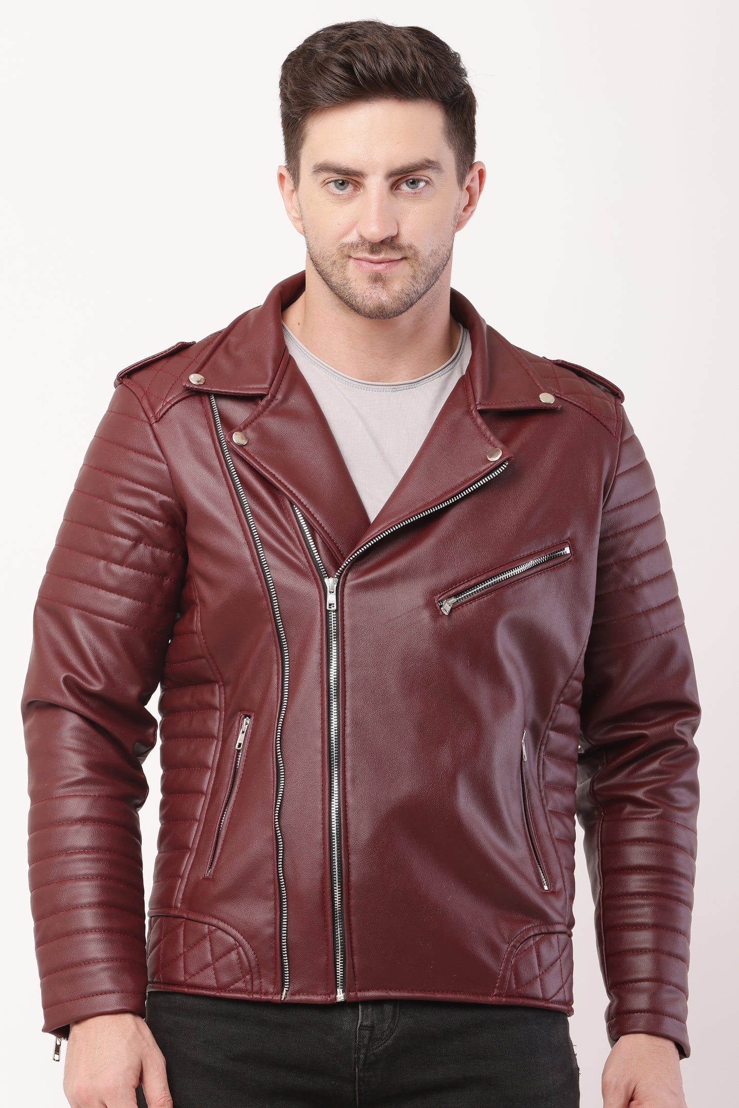 "WOLVER"Staylish Foux Leather Biker Maroon Jacket
