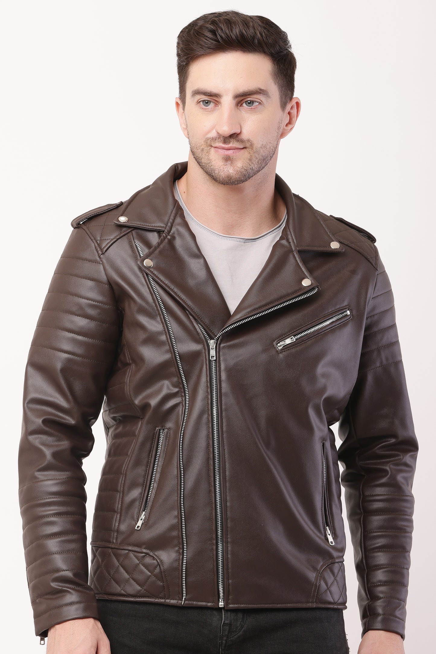 "WOLVER" Staylish Foux Leather Biker Brown Jacket