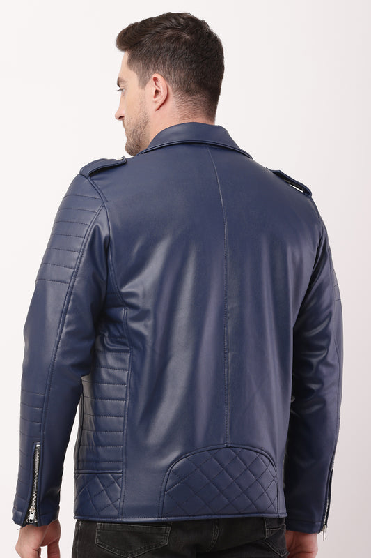 "WOLVER"Staylish Foux Leather Navy Blue Biker Jacket