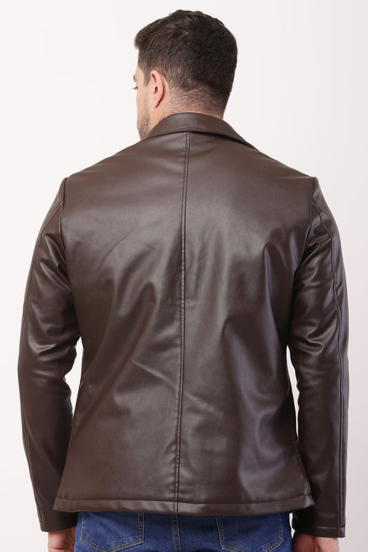 Solid PU Leather Festive, Wedding, Party, Casual Men's Brown Blazer