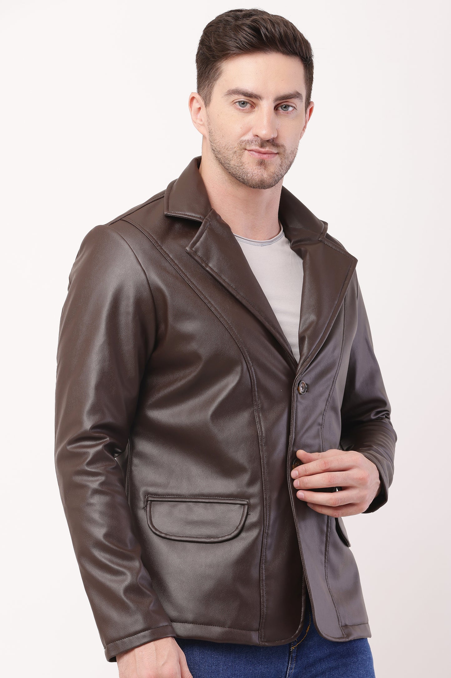 Solid PU Leather Festive, Wedding, Party, Casual Men's Brown Blazer