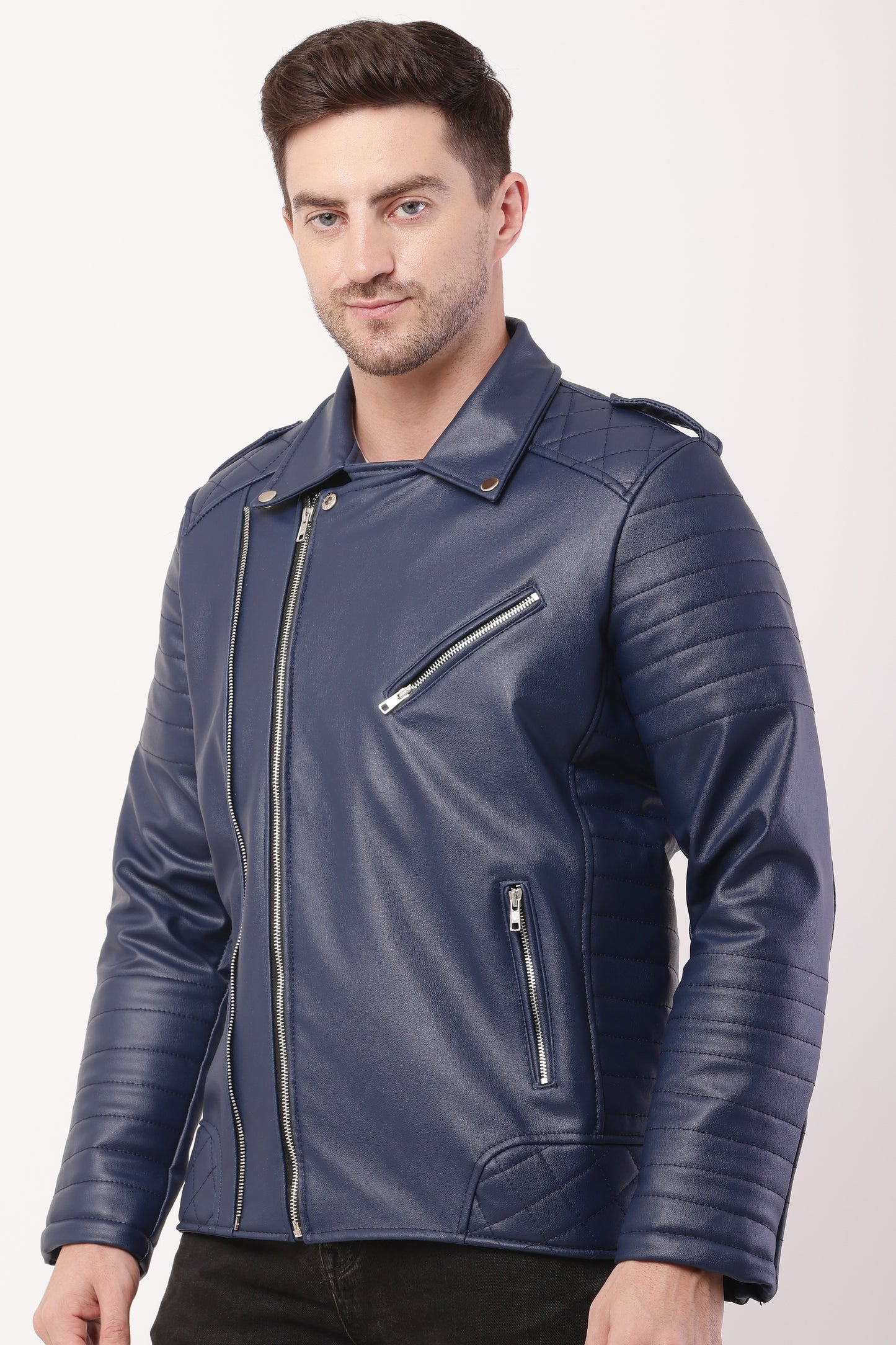 "WOLVER"Staylish Foux Leather Navy Blue Biker Jacket