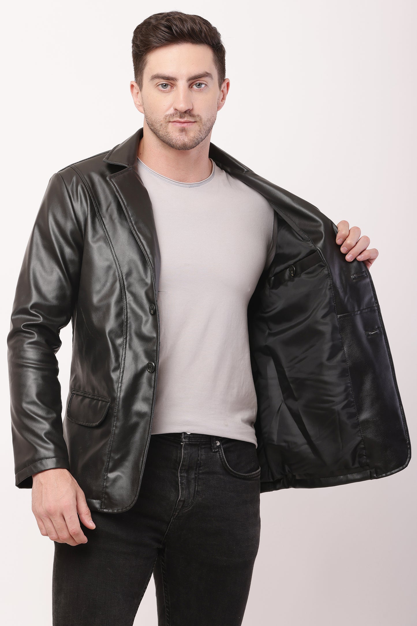 Solid PU Leather Festive, Wedding, Party, Casual Men's Black Blazer