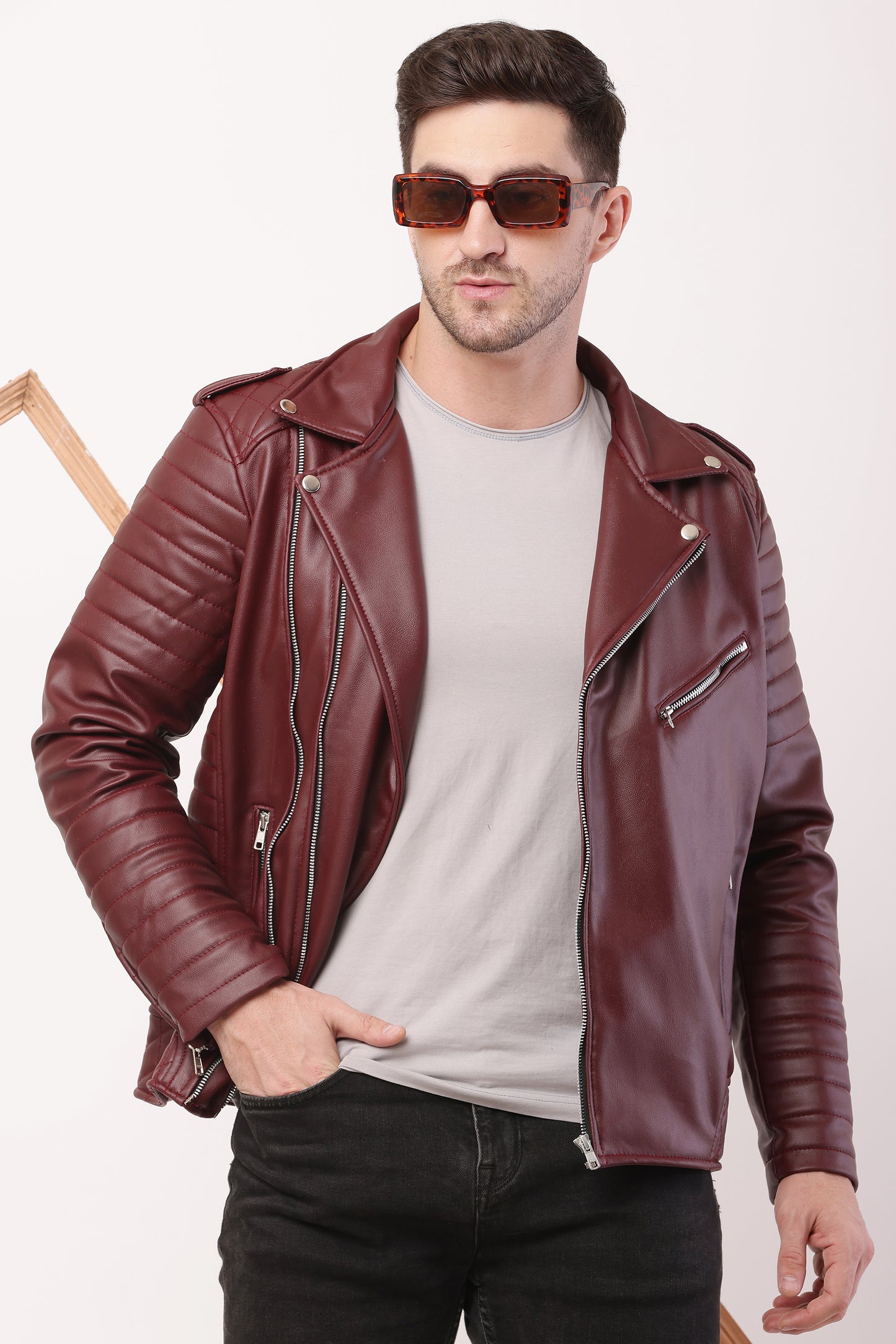 "WOLVER"Staylish Foux Leather Biker Maroon Jacket