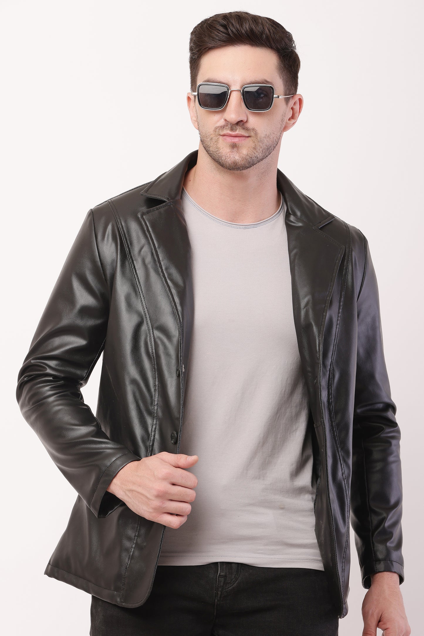 Solid PU Leather Festive, Wedding, Party, Casual Men's Black Blazer