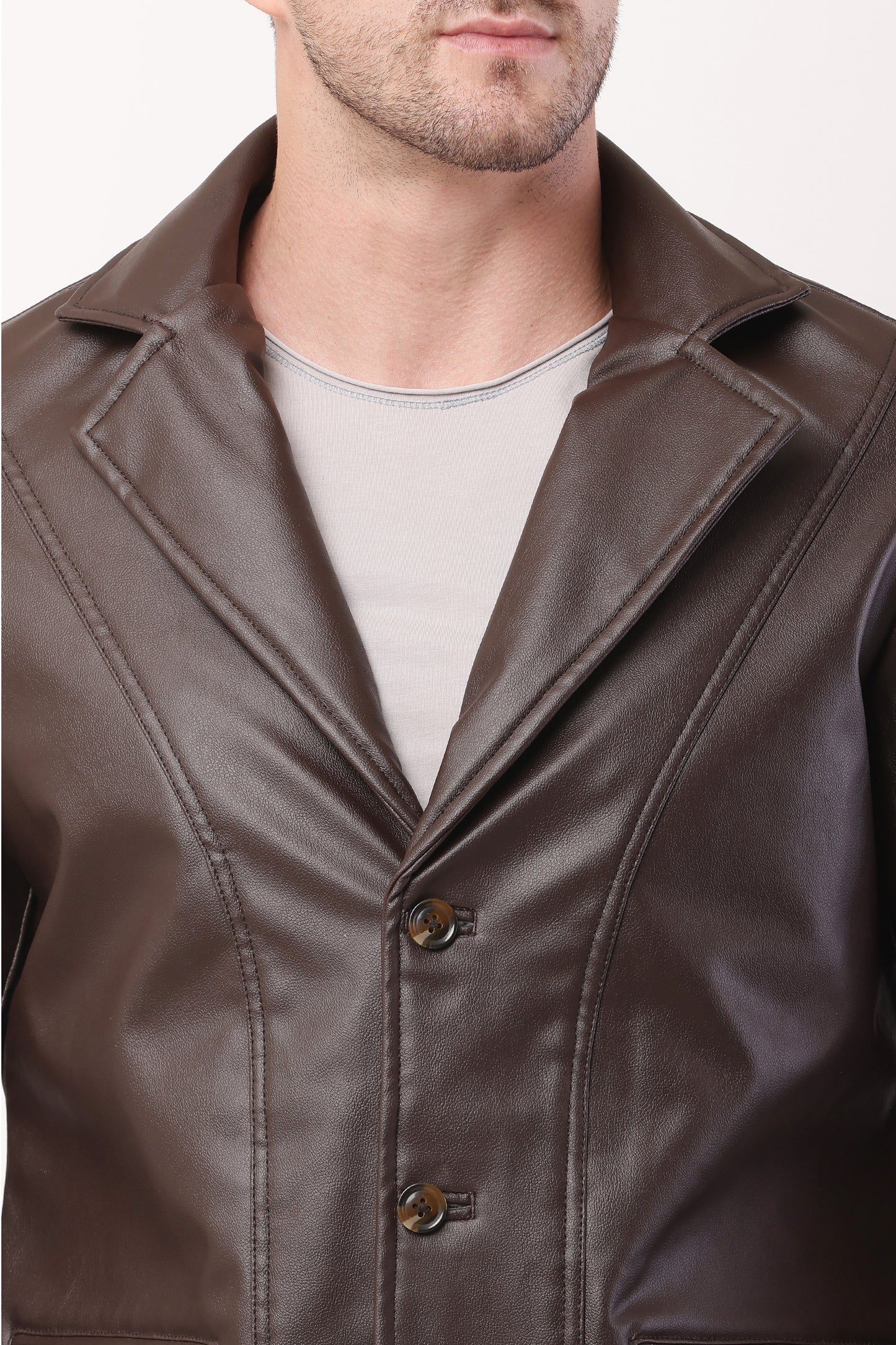 Solid PU Leather Festive, Wedding, Party, Casual Men's Brown Blazer