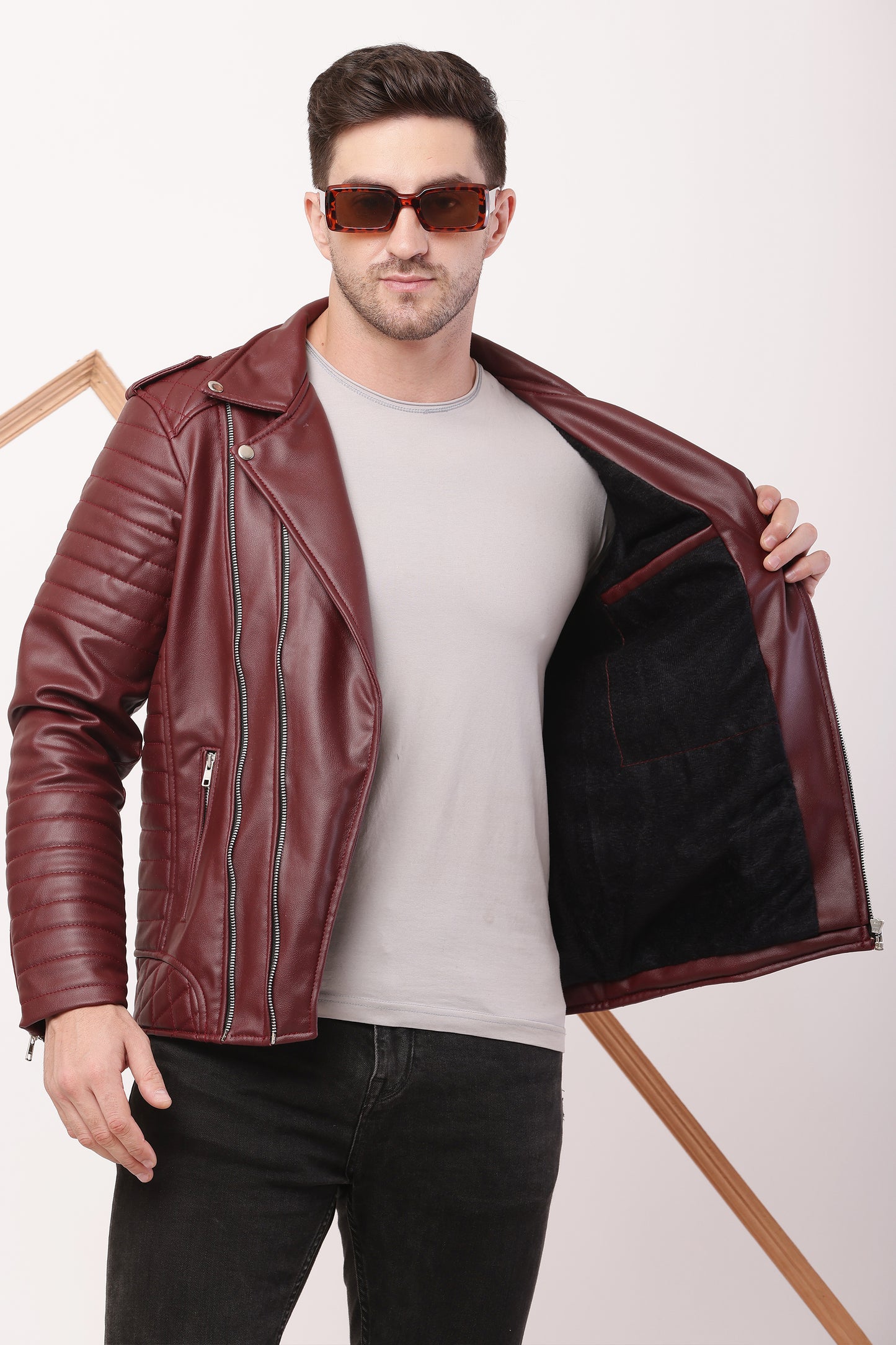 "WOLVER"Staylish Foux Leather Biker Maroon Jacket