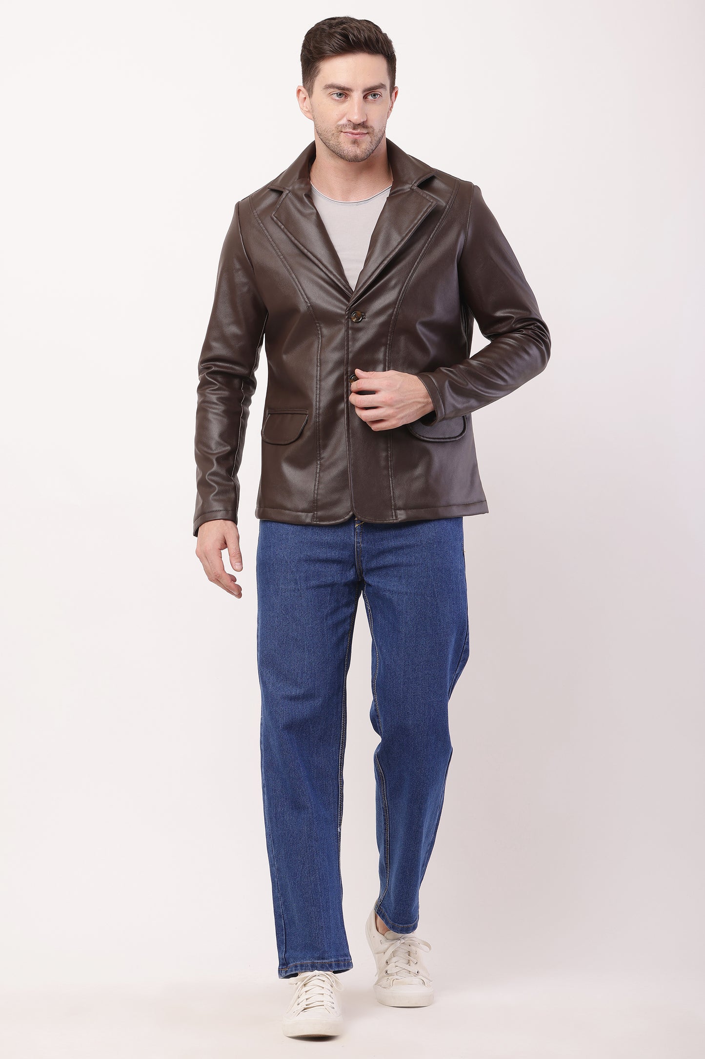 Solid PU Leather Festive, Wedding, Party, Casual Men's Brown Blazer