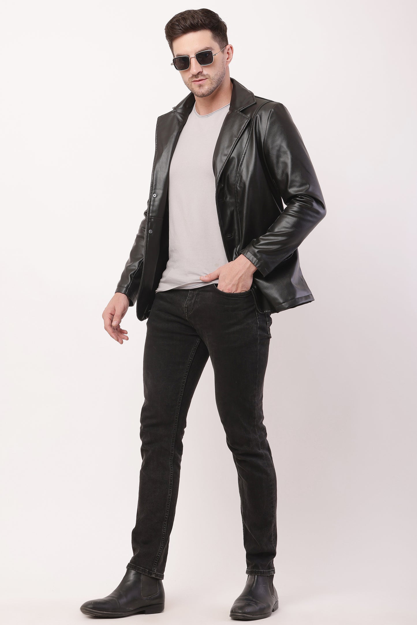 Solid PU Leather Festive, Wedding, Party, Casual Men's Black Blazer