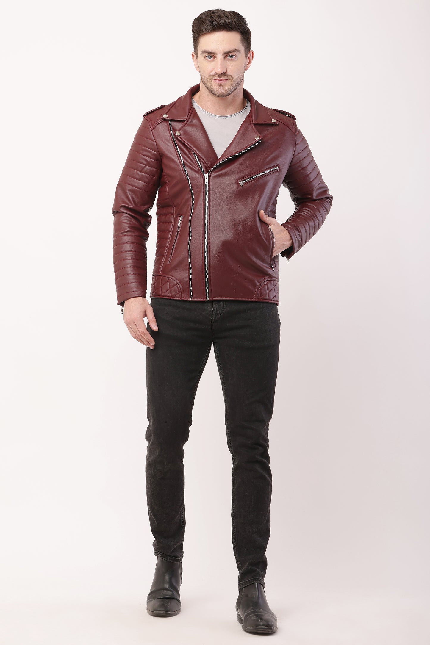 "WOLVER"Staylish Foux Leather Biker Maroon Jacket