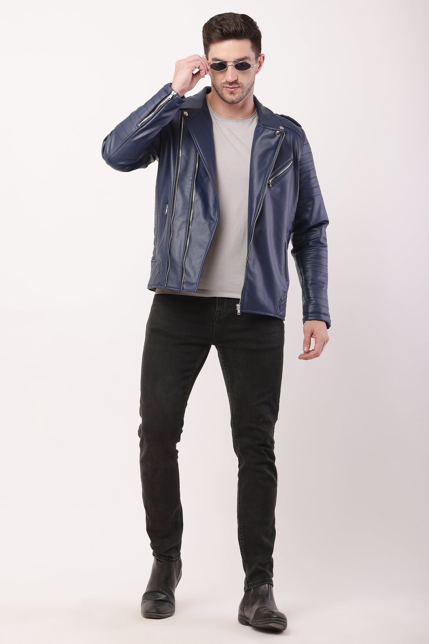 "WOLVER"Staylish Foux Leather Navy Blue Biker Jacket