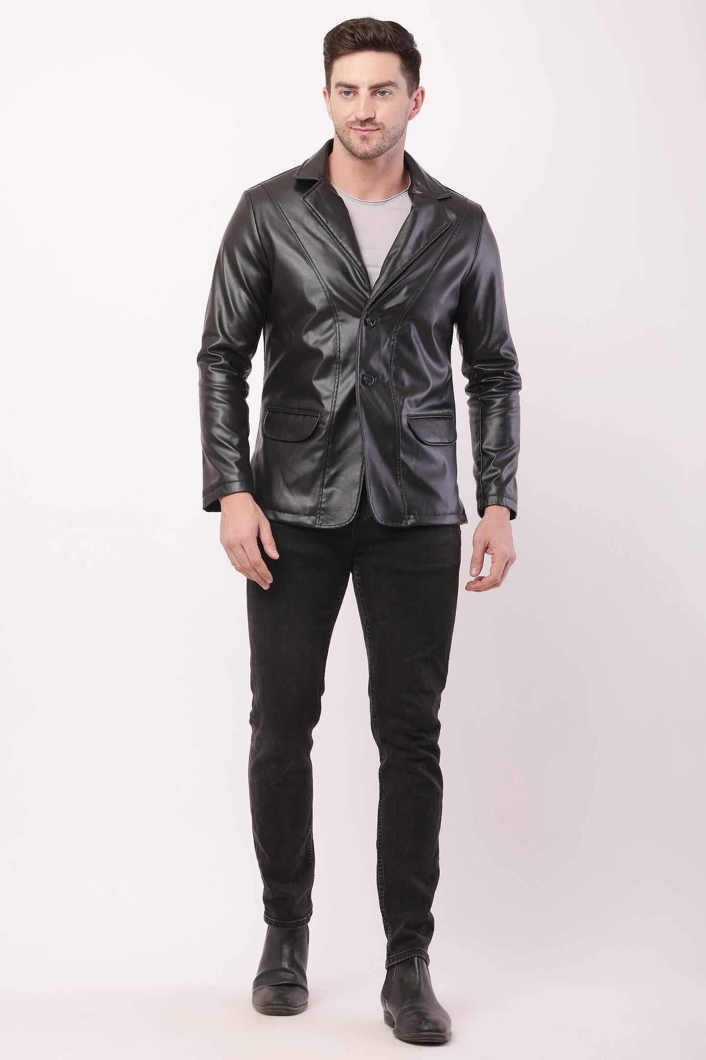 Solid PU Leather Festive, Wedding, Party, Casual Men's Black Blazer