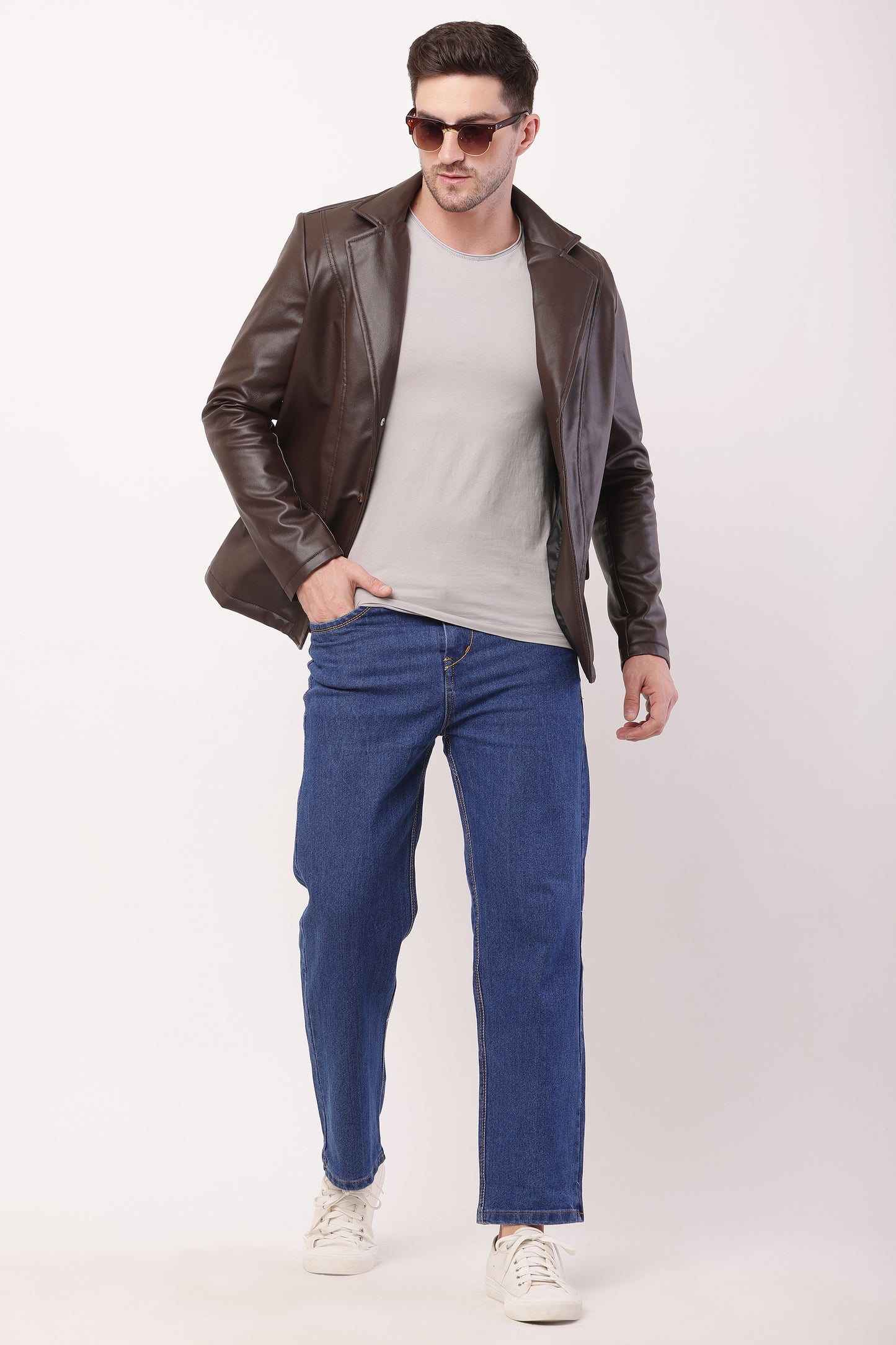 Solid PU Leather Festive, Wedding, Party, Casual Men's Brown Blazer