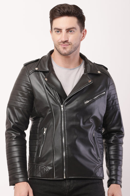 "WOLVER"Staylish Foux Leather Biker Black Jacket