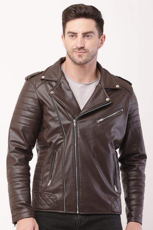 "WOLVER" Staylish Foux Leather Biker Brown Jacket