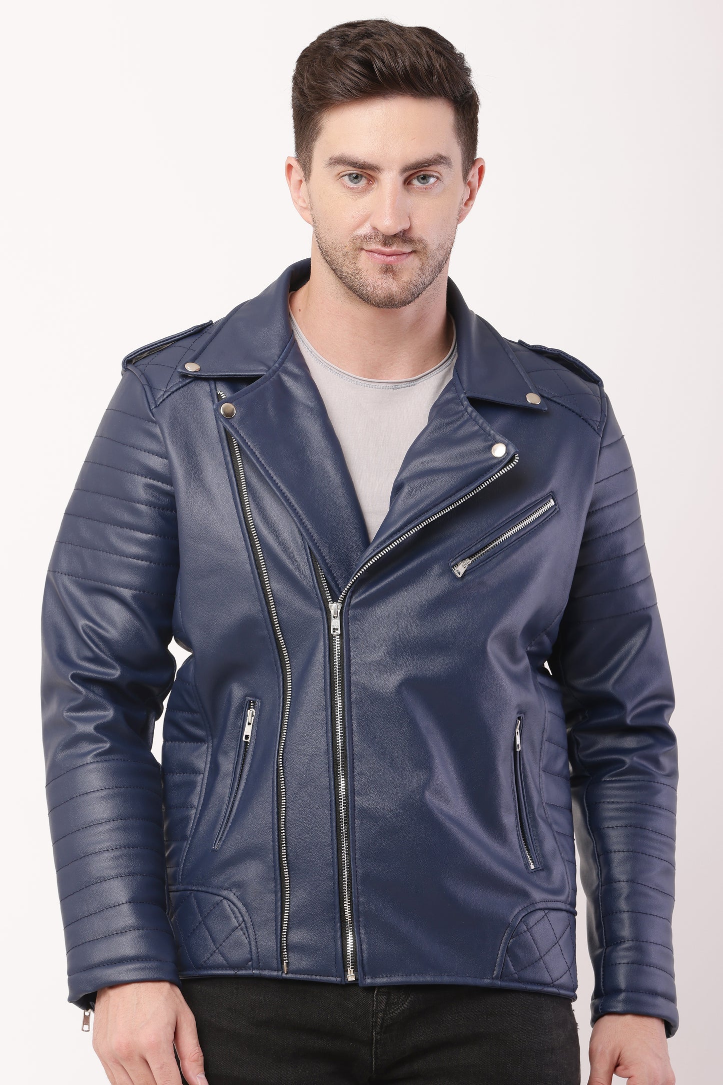 "WOLVER"Staylish Foux Leather Navy Blue Biker Jacket