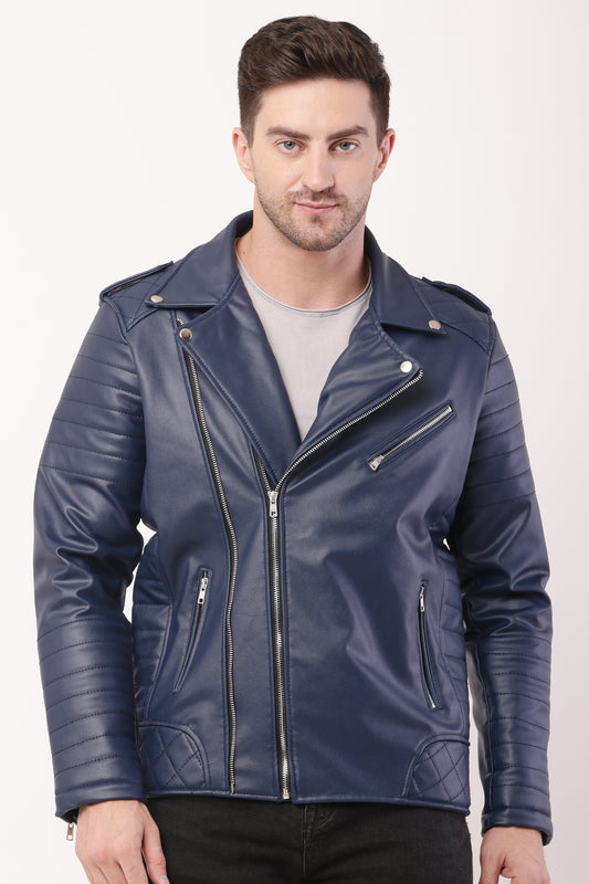 "WOLVER"Staylish Foux Leather Navy Blue Biker Jacket