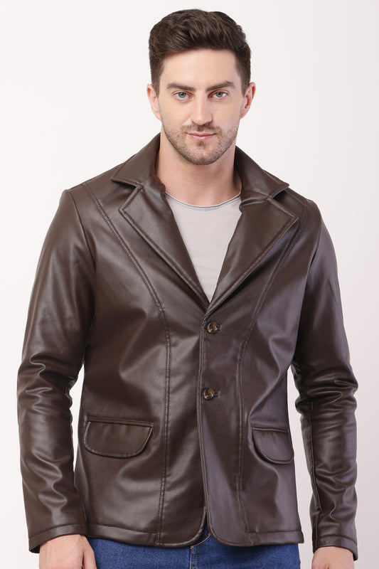 Solid PU Leather Festive, Wedding, Party, Casual Men's  Brown Blazer