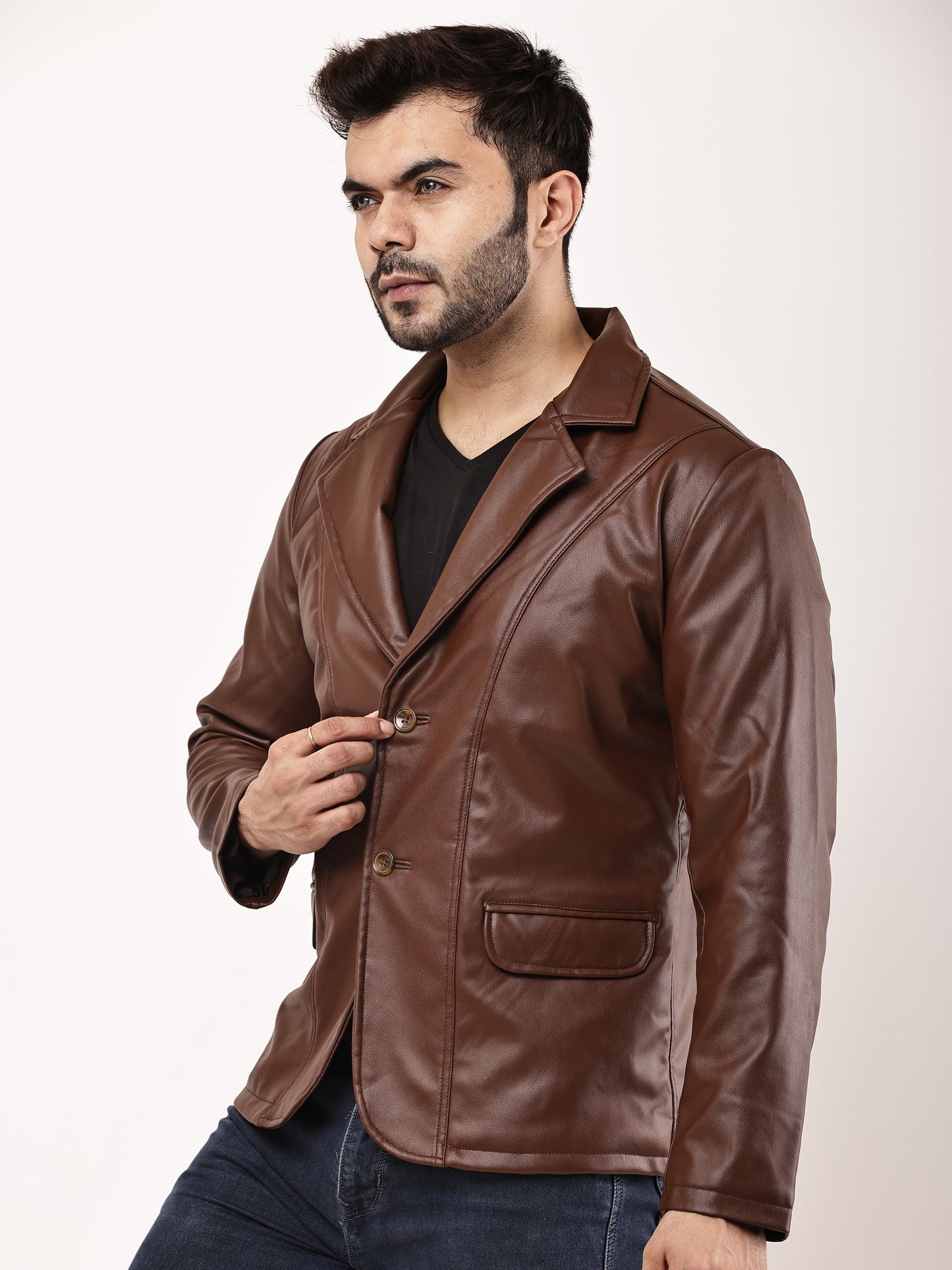 "Wolver" Solid PU Leather Festive, Wedding, Party, Casual Men's Tan Blazer