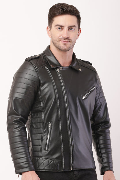 "WOLVER"Staylish Foux Leather Biker Black Jacket