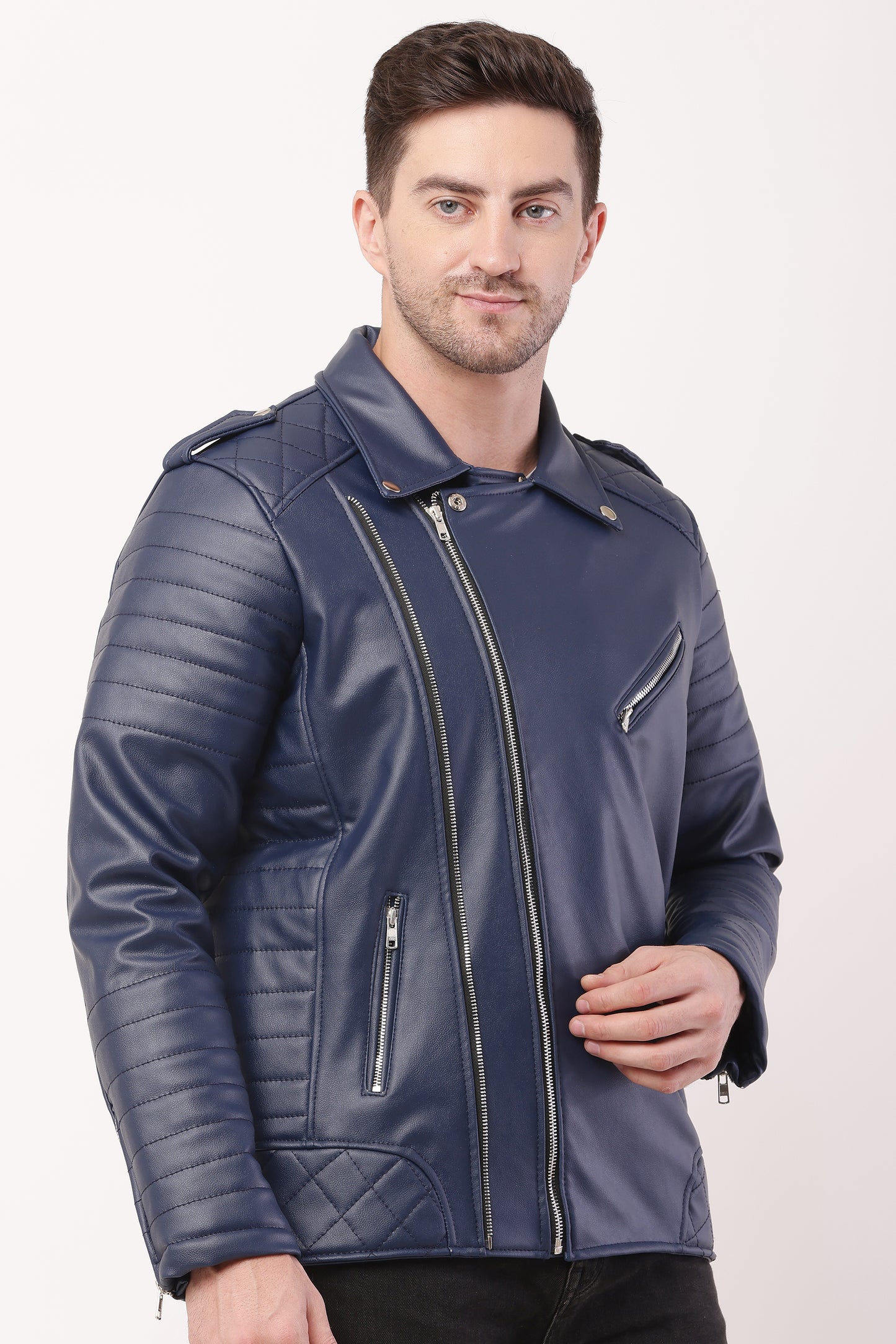 "WOLVER"Staylish Foux Leather Navy Blue Biker Jacket