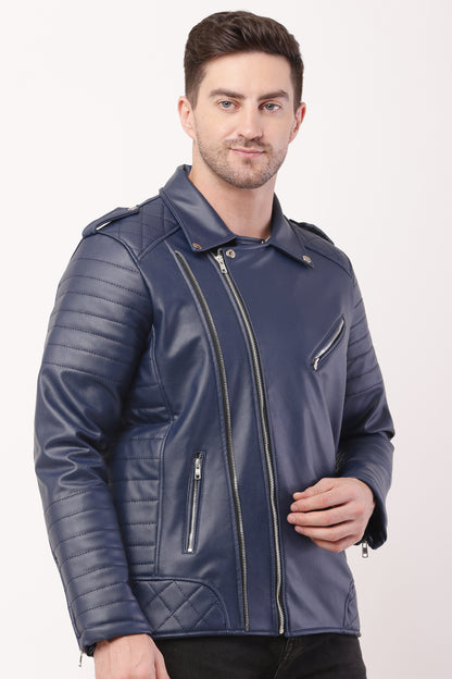 "WOLVER"Staylish Foux Leather Navy Blue Biker Jacket