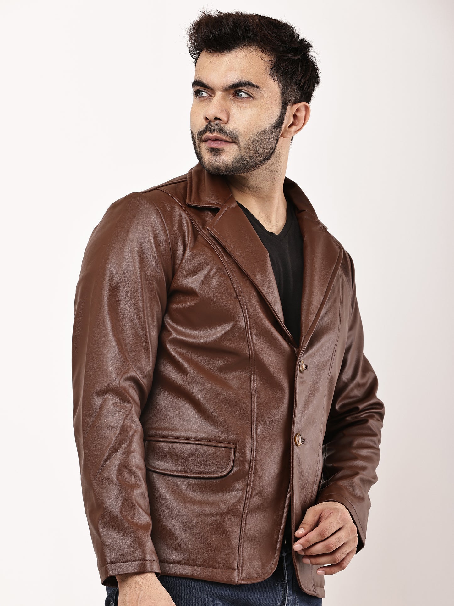 "Wolver" Solid PU Leather Festive, Wedding, Party, Casual Men's Tan Blazer