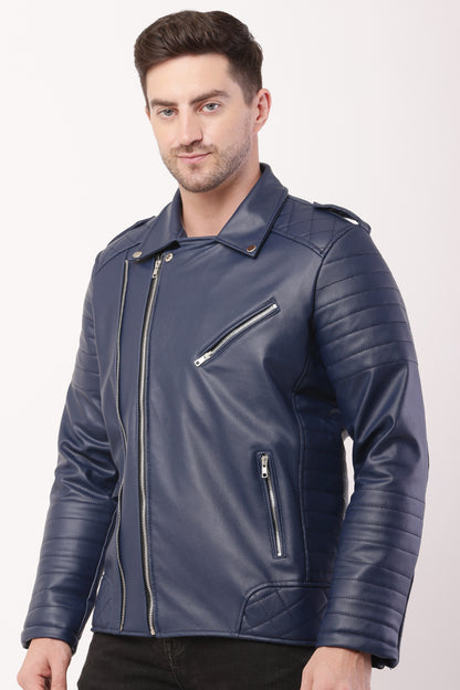 "WOLVER"Staylish Foux Leather Navy Blue Biker Jacket