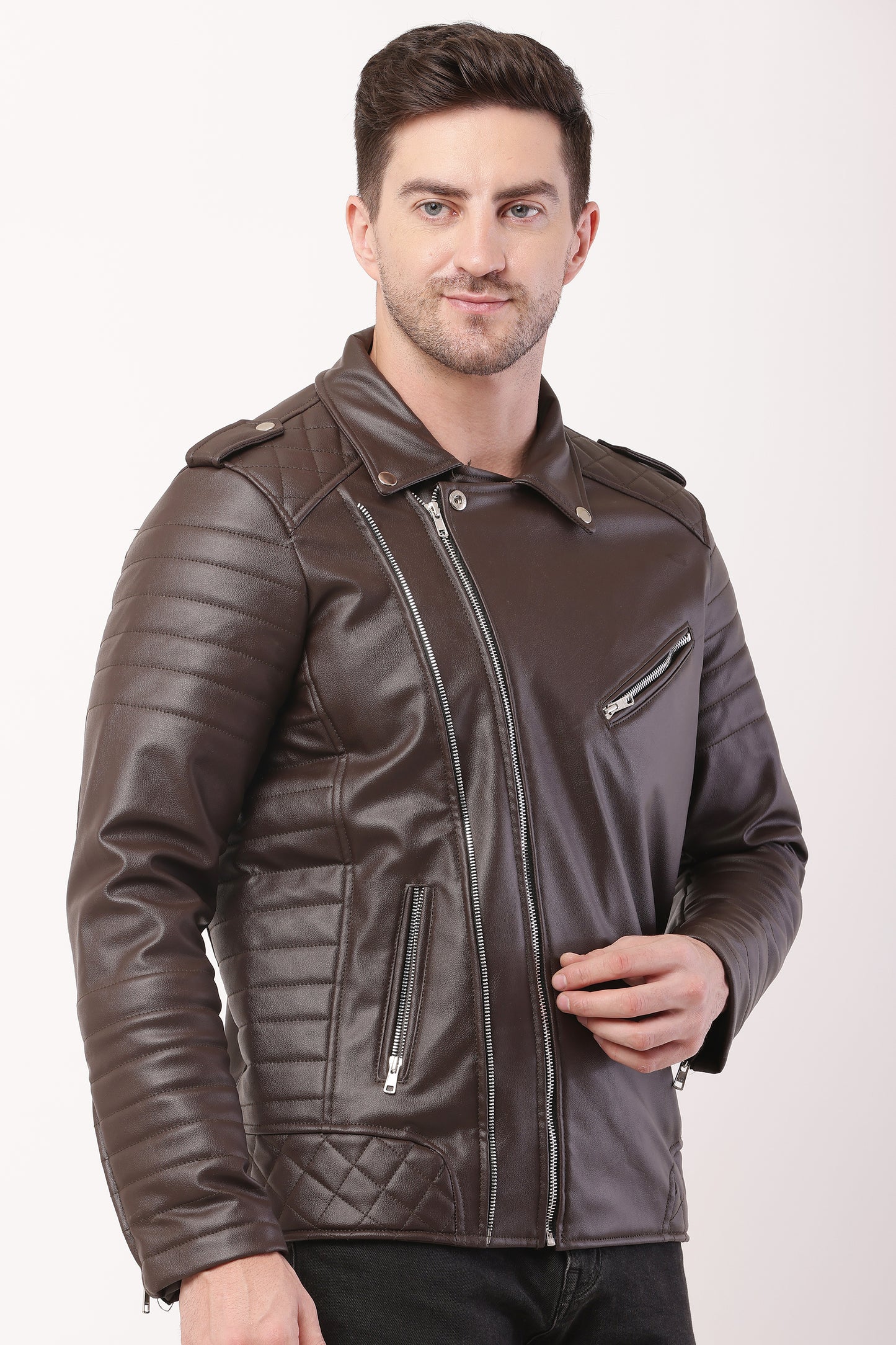 "WOLVER" Staylish Foux Leather Biker Brown Jacket
