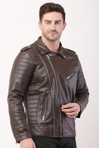 "WOLVER" Staylish Foux Leather Biker Brown Jacket