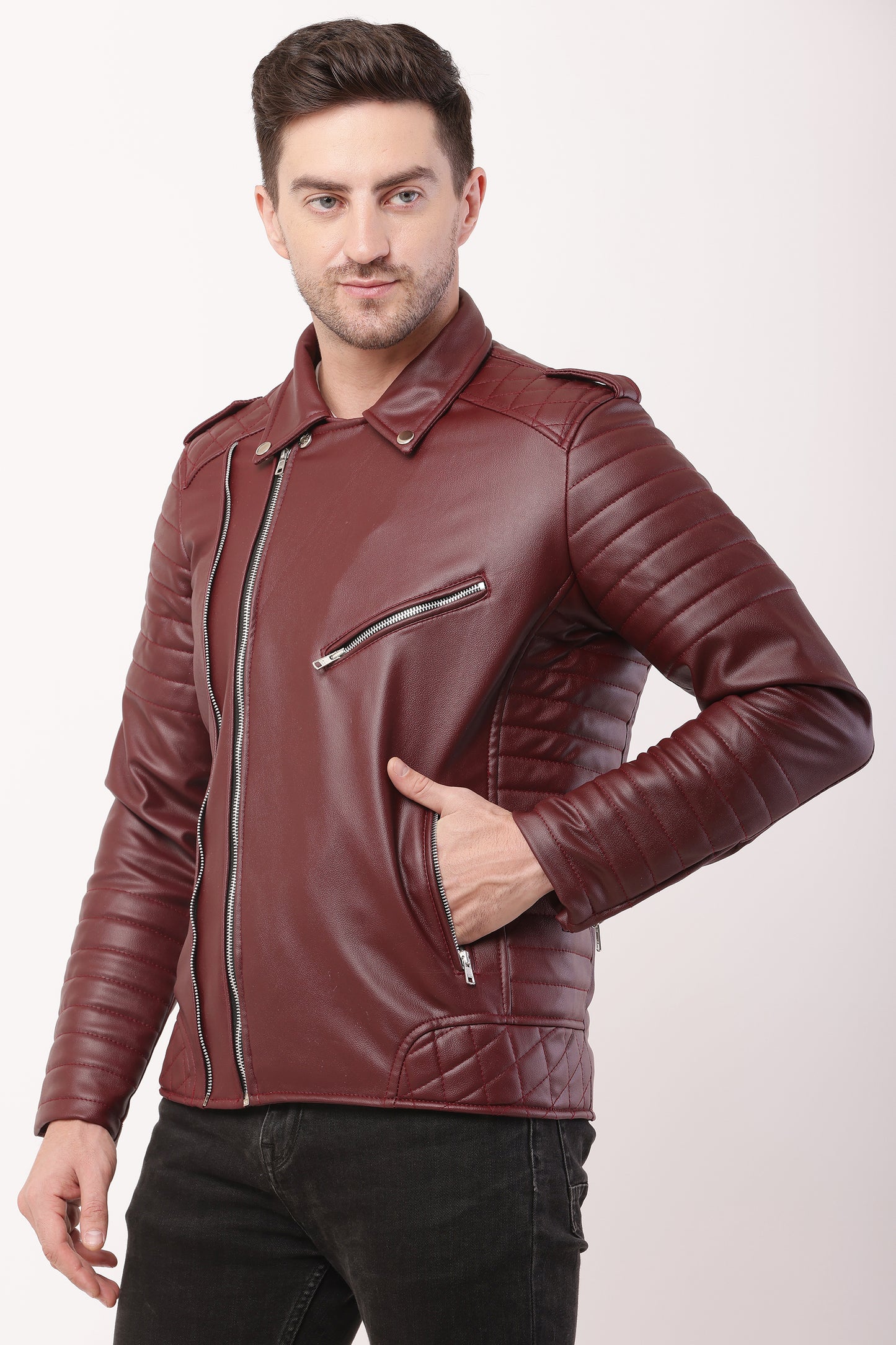 "WOLVER"Staylish Foux Leather Biker Maroon Jacket
