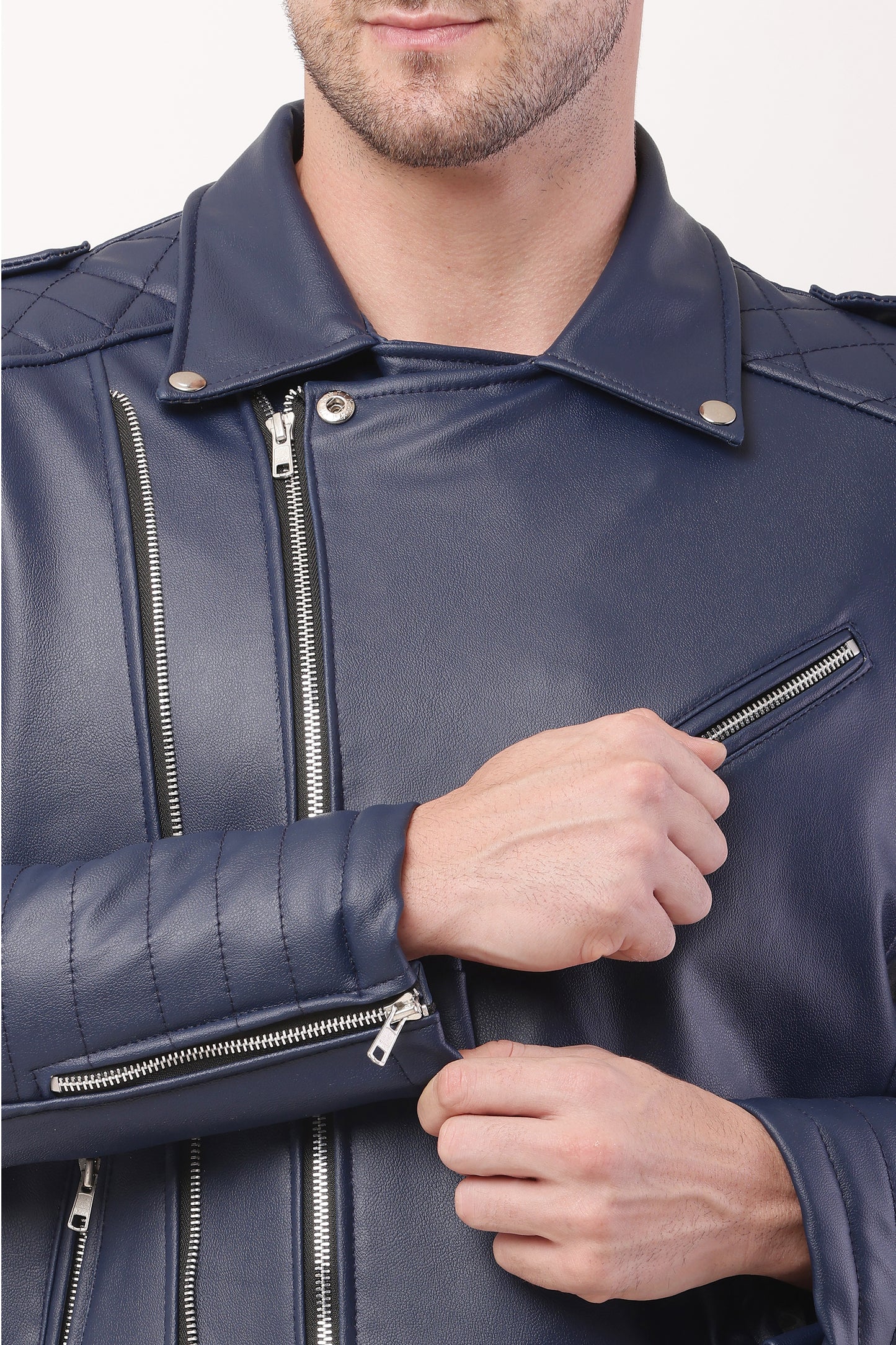 "WOLVER"Staylish Foux Leather Navy Blue Biker Jacket