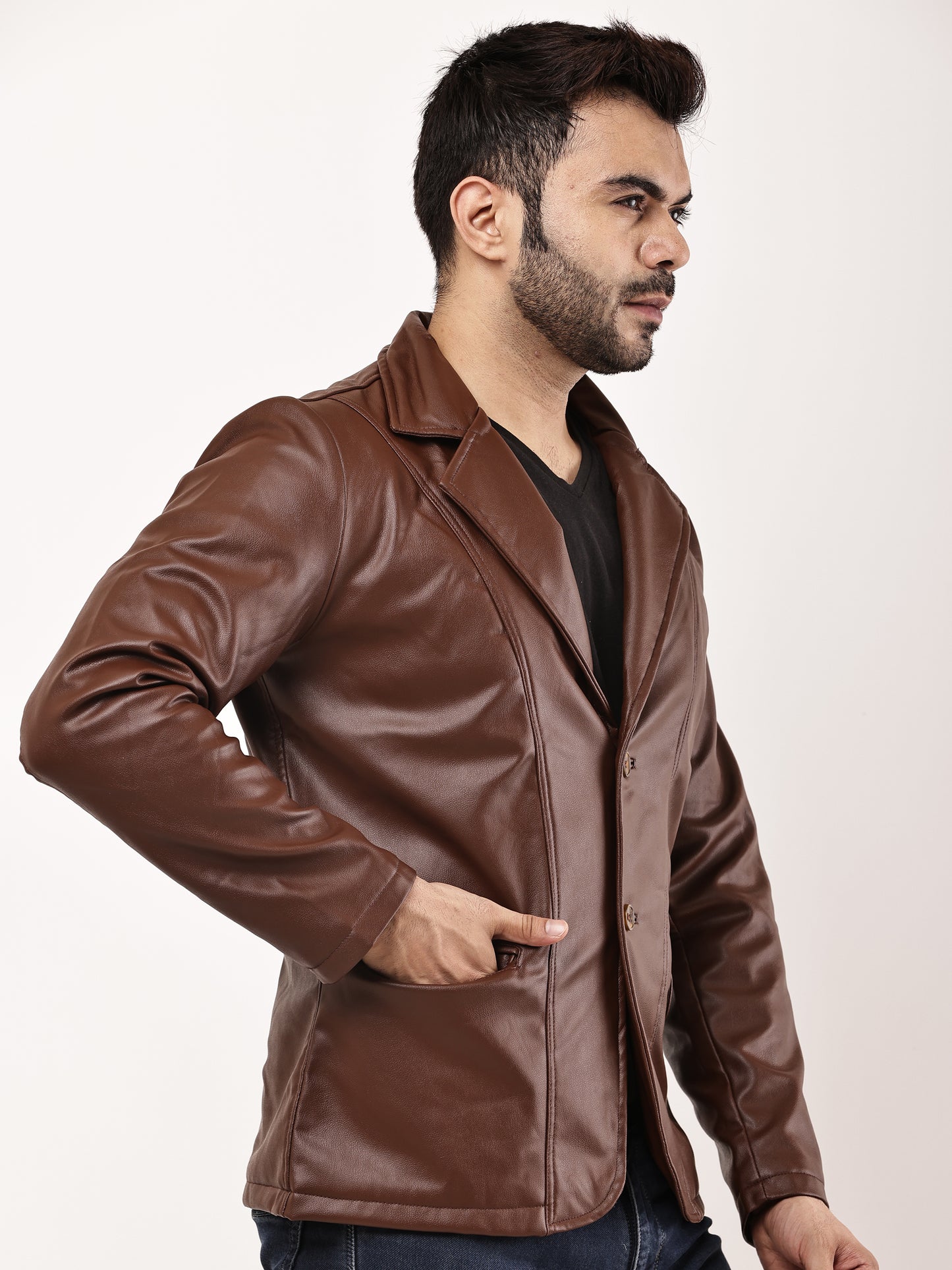 "Wolver" Solid PU Leather Festive, Wedding, Party, Casual Men's Tan Blazer