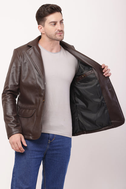Solid PU Leather Festive, Wedding, Party, Casual Men's  Brown Blazer