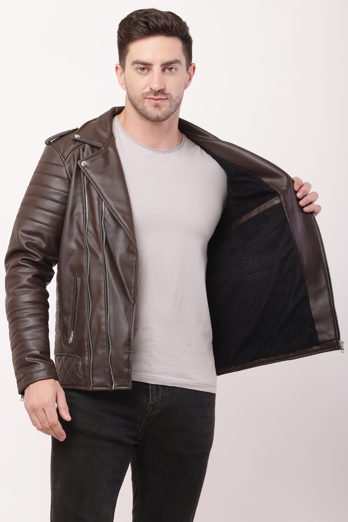 "WOLVER" Staylish Foux Leather Biker Brown Jacket
