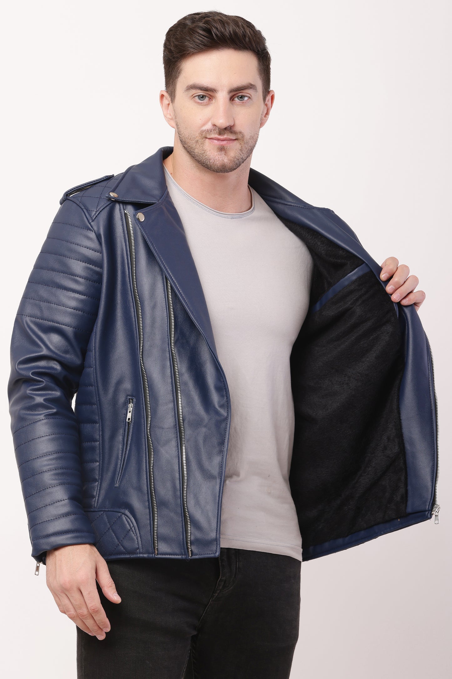 "WOLVER"Staylish Foux Leather Navy Blue Biker Jacket