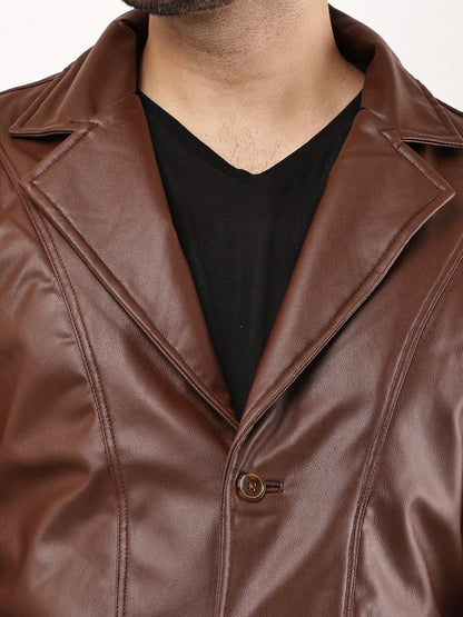"Wolver" Solid PU Leather Festive, Wedding, Party, Casual Men's Tan Blazer