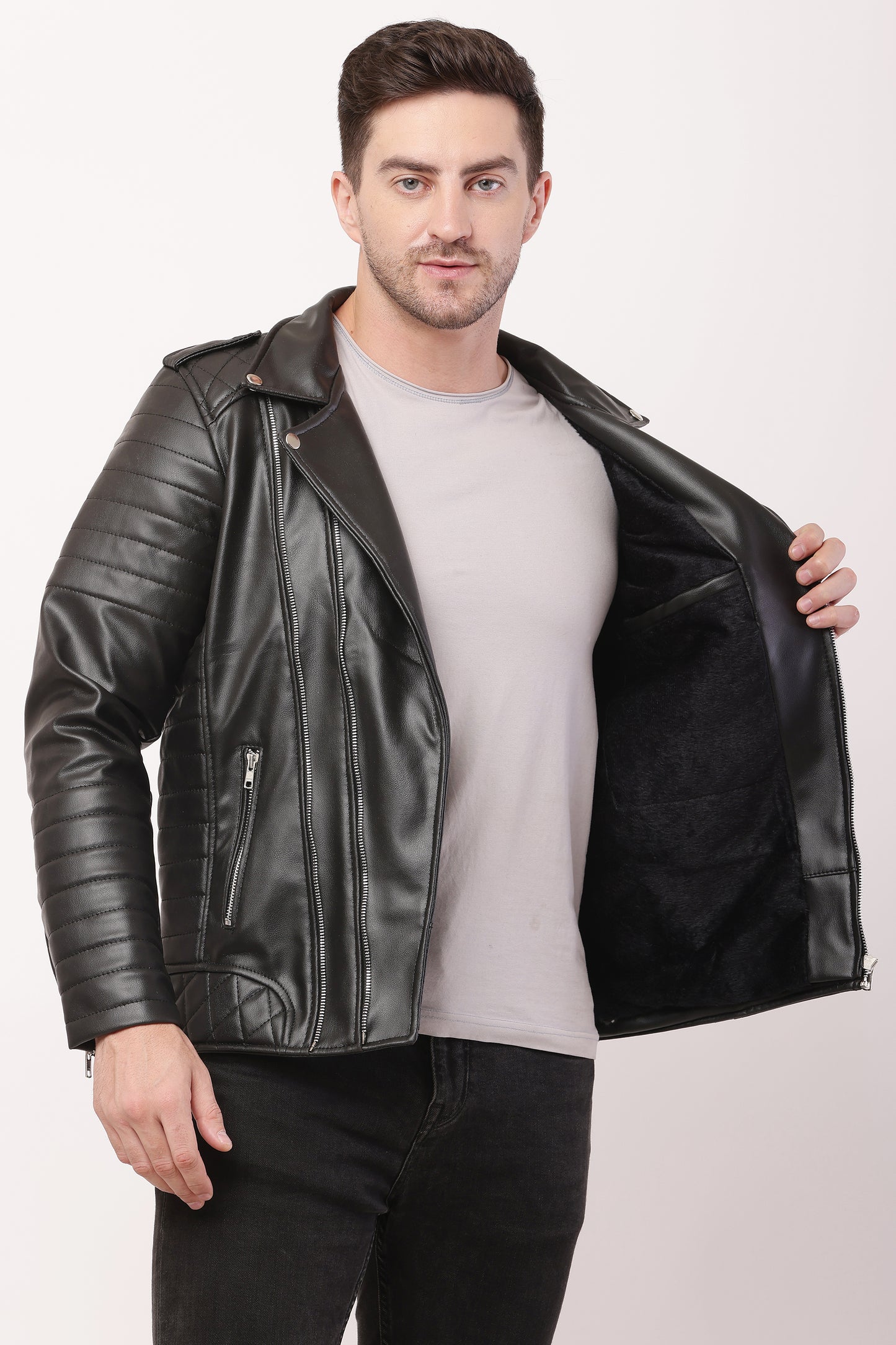 "WOLVER"Staylish Foux Leather Biker Black Jacket
