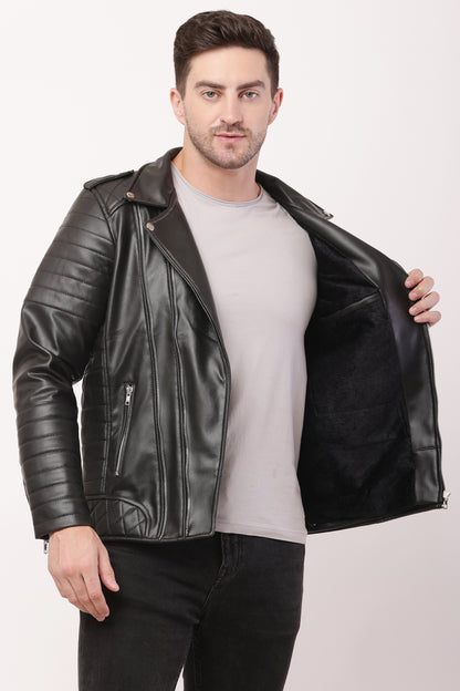 "WOLVER"Staylish Foux Leather Biker Black Jacket