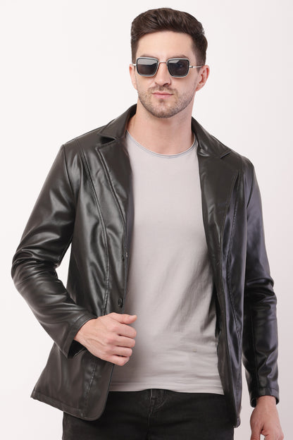 Solid PU Leather Festive, Wedding, Party, Casual Men's  Black  Blazer