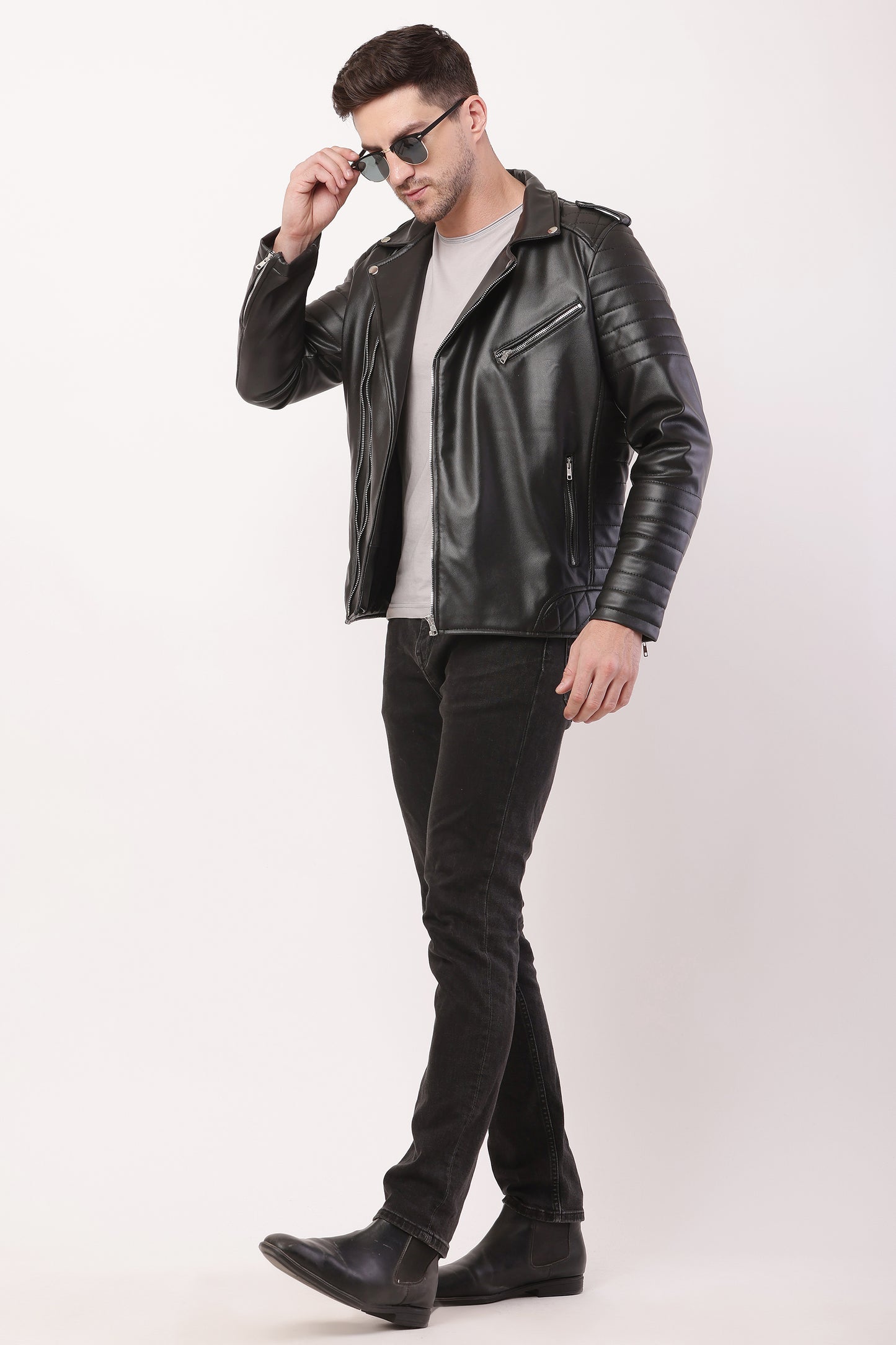 "WOLVER"Staylish Foux Leather Biker Black Jacket