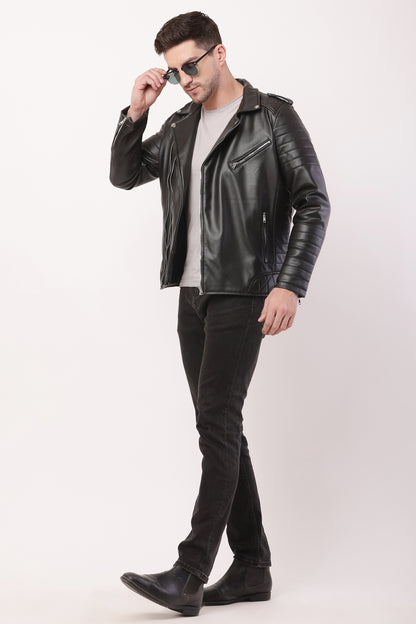 "WOLVER"Staylish Foux Leather Biker Black Jacket