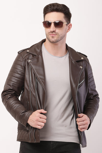 "WOLVER" Staylish Foux Leather Biker Brown Jacket