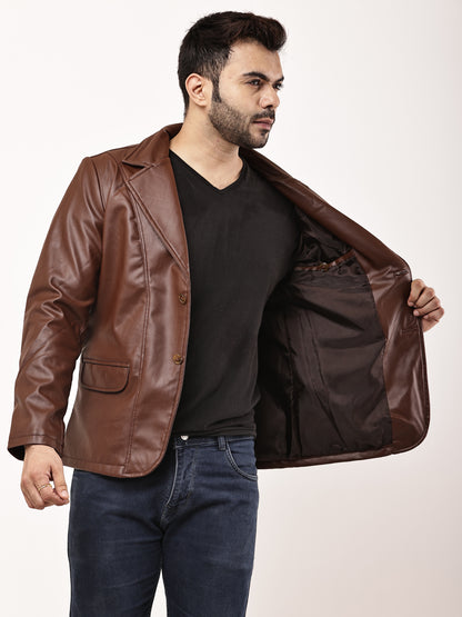 "Wolver" Solid PU Leather Festive, Wedding, Party, Casual Men's Tan Blazer