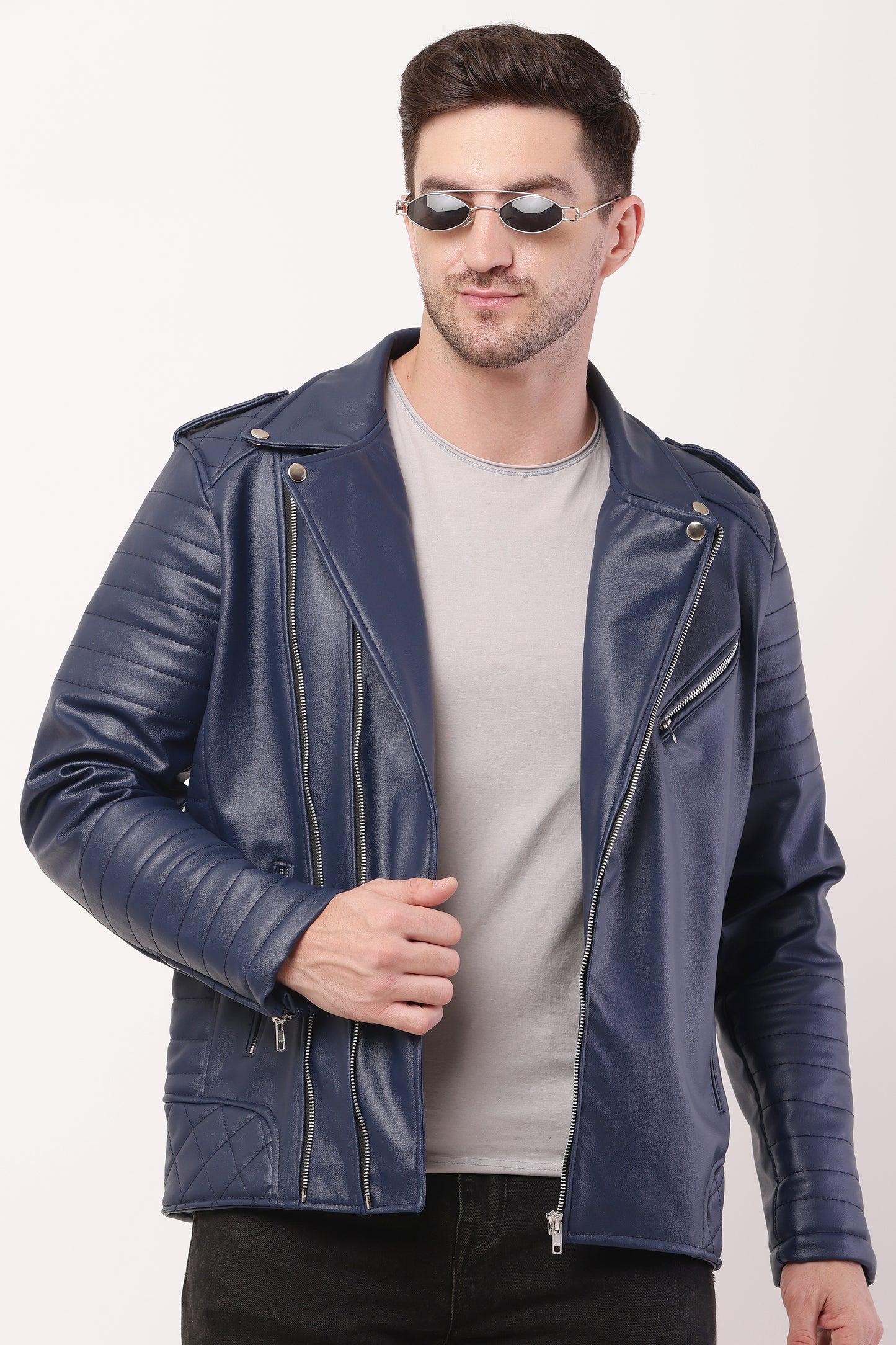 "WOLVER"Staylish Foux Leather Navy Blue Biker Jacket