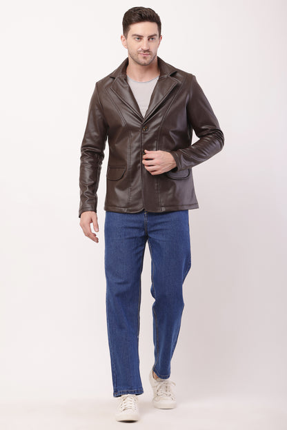 Solid PU Leather Festive, Wedding, Party, Casual Men's  Brown Blazer