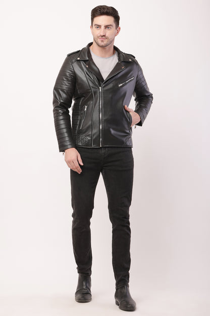 "WOLVER"Staylish Foux Leather Biker Black Jacket