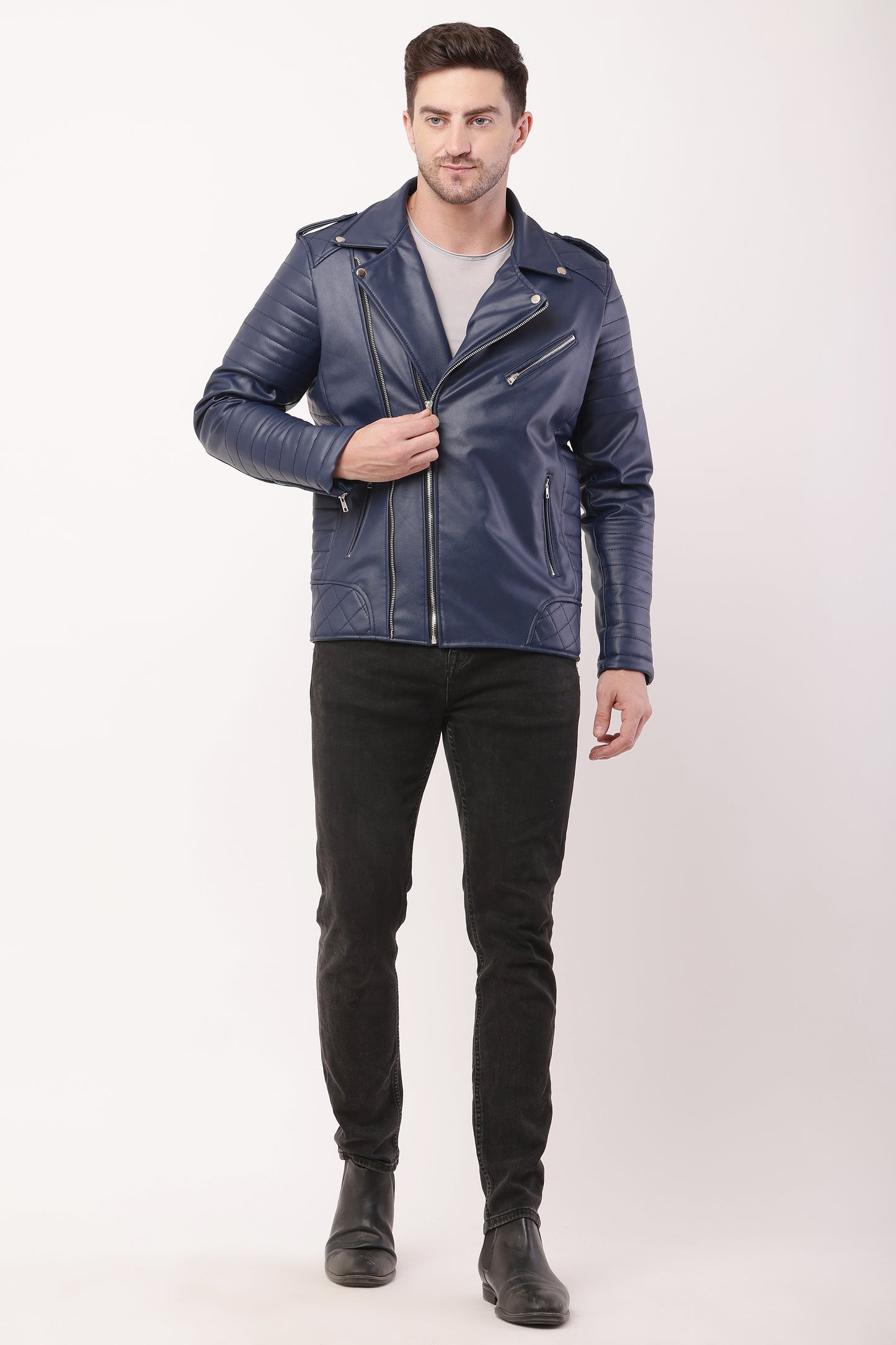 "WOLVER"Staylish Foux Leather Navy Blue Biker Jacket