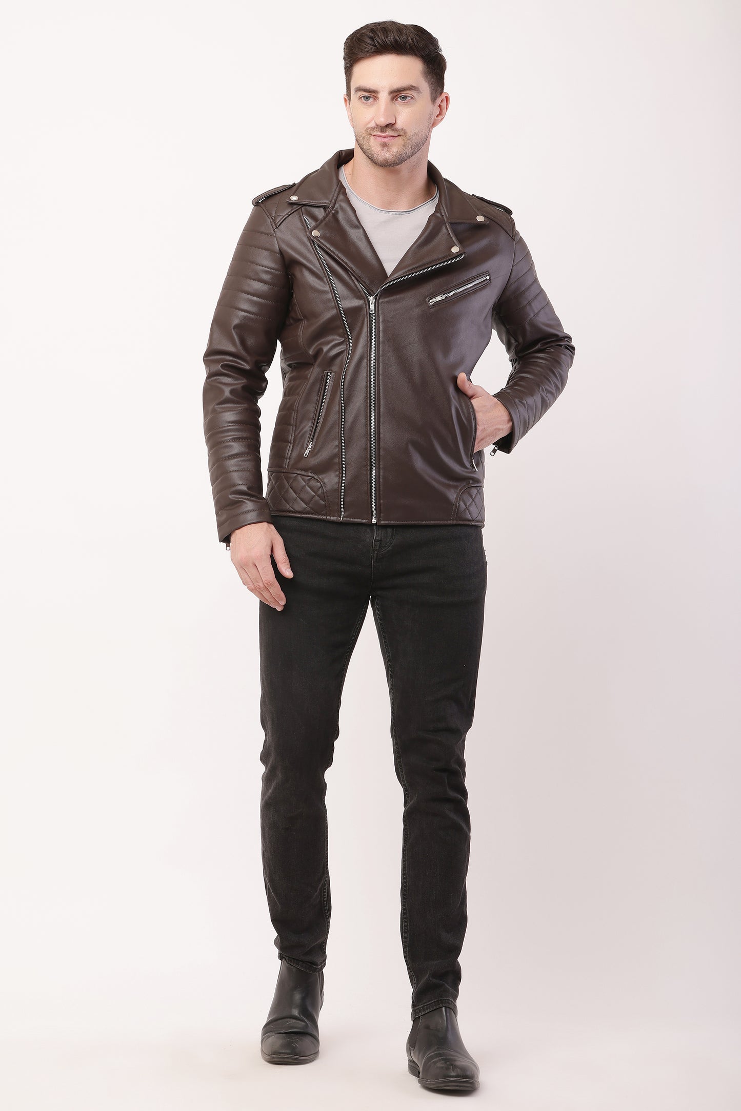 "WOLVER" Staylish Foux Leather Biker Brown Jacket